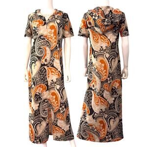 Paisley Hooded Kaftan XL Orange Brown German Vtg 60s 70s Maxi Dress Boho Hippie